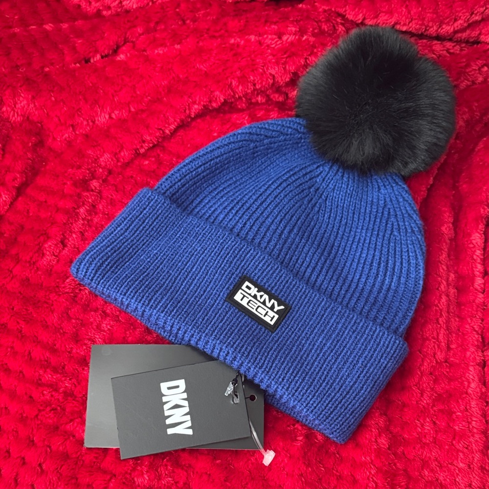 DKNY womens Royal Blue Knit Hat with Black Pom-Pom